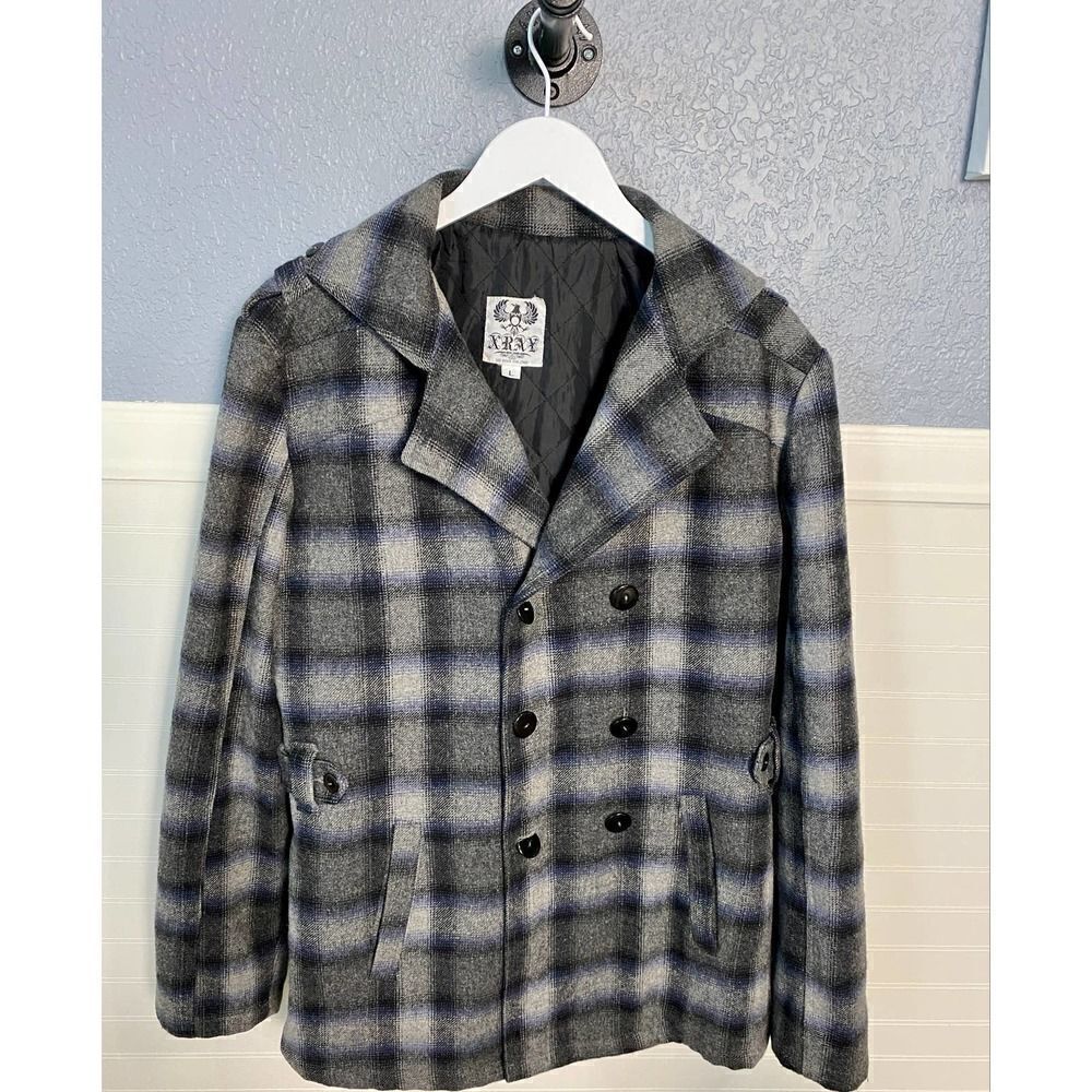XRAY Gray Plaid Cross Embroidered Button Down Pea Coat Women's Size Large